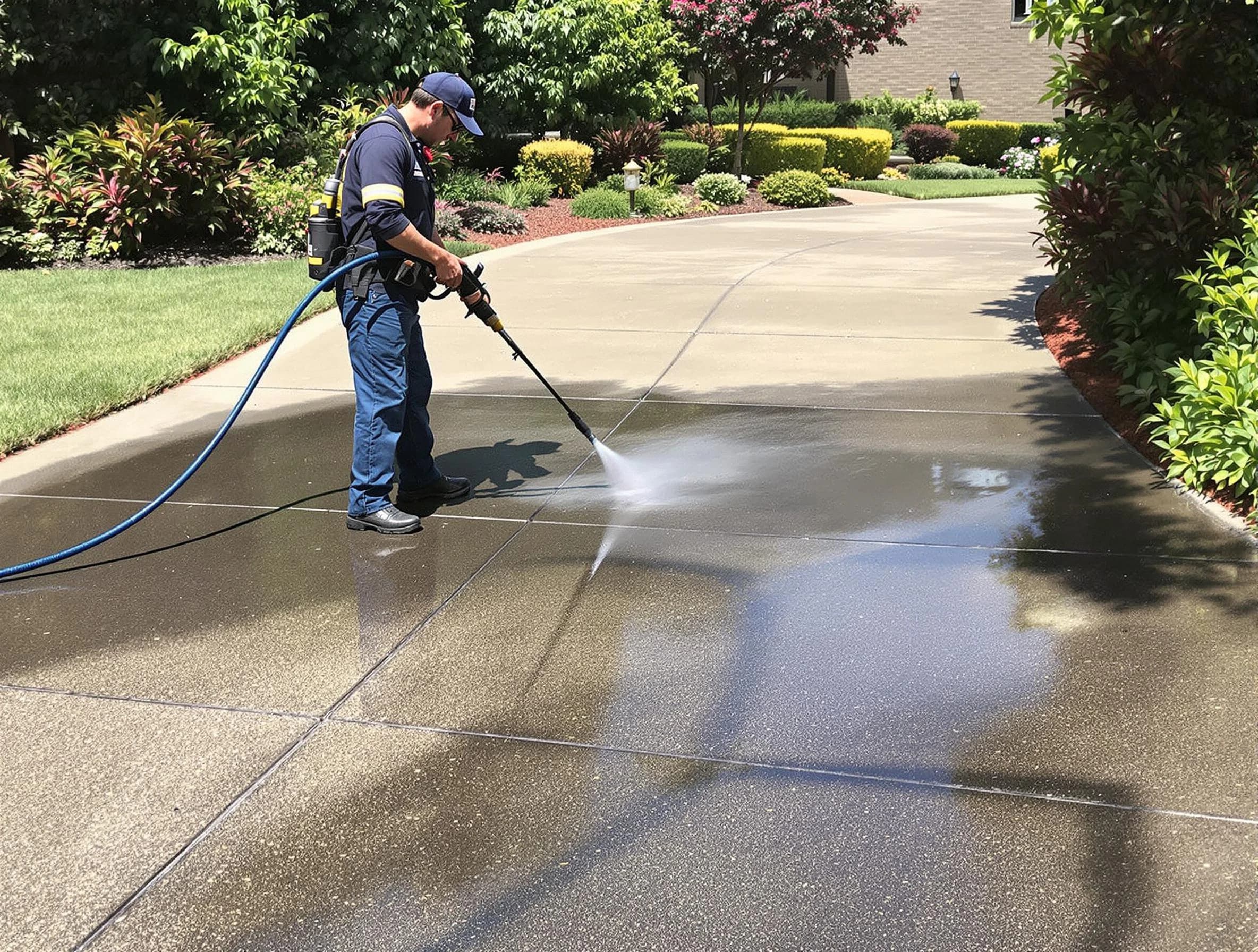 Experienced Streetsboro Power Washing team member pressure washing a driveway in Streetsboro