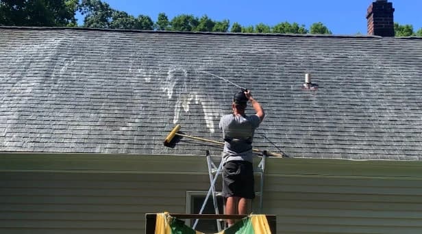 Before and after results of roof washing by Streetsboro Power Washing in Streetsboro